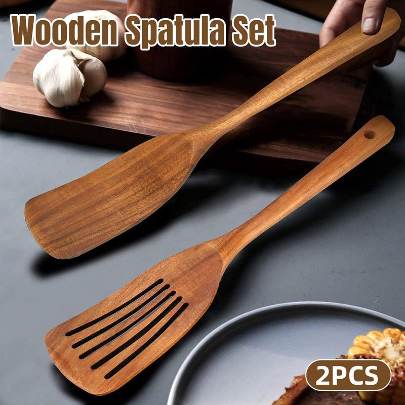 2pcs Wooden Frying Spatula Long Handle Stir Fry Spatula Kitchen Cooking Utensils