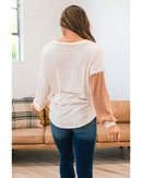 Apricot Color Block Wide Ribbed V Neck Top - L