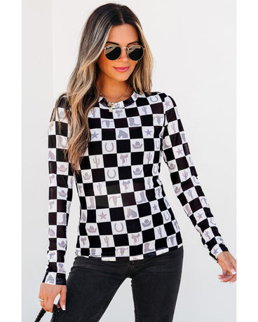 Black Checkerboard Western Elements Printed Mesh Long Sleeve Top - M