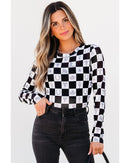 Black Checkerboard Western Elements Printed Mesh Long Sleeve Top - M
