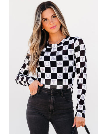 Black Checkerboard Western Elements Printed Mesh Long Sleeve Top - M