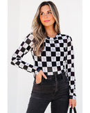 Black Checkerboard Western Elements Printed Mesh Long Sleeve Top - M