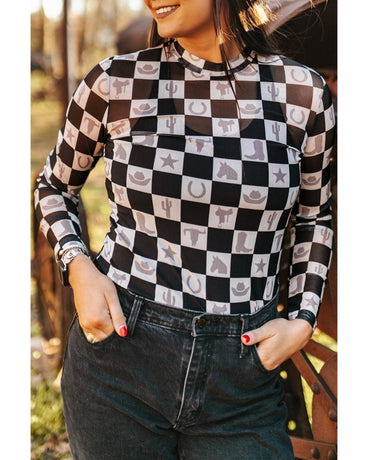 Black Checkerboard Western Elements Printed Mesh Long Sleeve Top - M