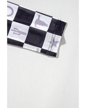 Black Checkerboard Western Elements Printed Mesh Long Sleeve Top - M