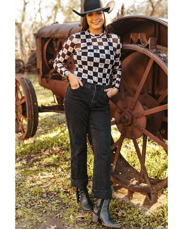 Black Checkerboard Western Elements Printed Mesh Long Sleeve Top - M