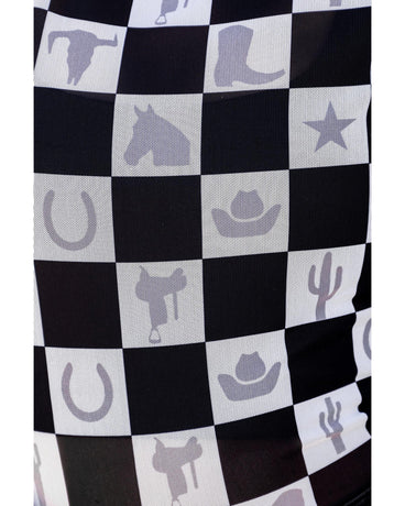 Black Checkerboard Western Elements Printed Mesh Long Sleeve Top - M