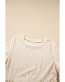 Beige Solid Color Textured Ruffled Short Sleeve Blouse - M