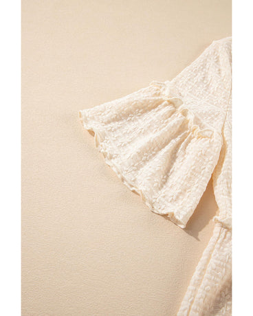 Beige Solid Color Textured Ruffled Short Sleeve Blouse - M