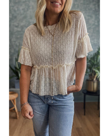 Beige Solid Color Textured Ruffled Short Sleeve Blouse - M