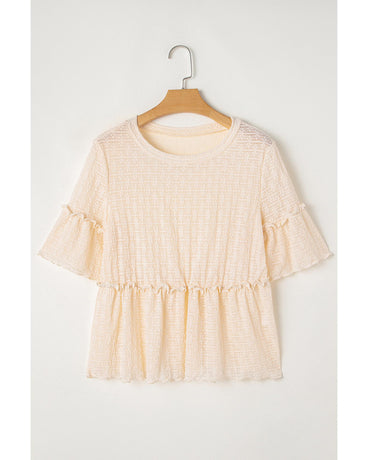 Beige Solid Color Textured Ruffled Short Sleeve Blouse - M