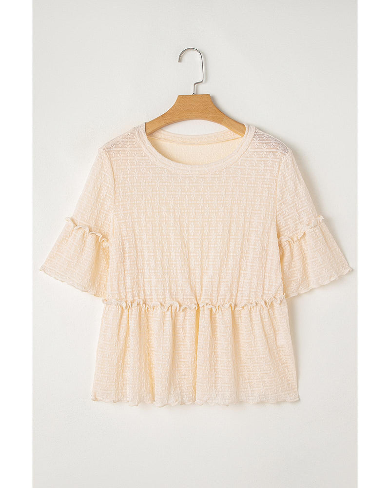 Beige Solid Color Textured Ruffled Short Sleeve Blouse - M