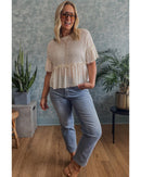 Beige Solid Color Textured Ruffled Short Sleeve Blouse - XL