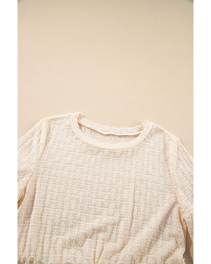 Beige Solid Color Textured Ruffled Short Sleeve Blouse - XL