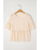 Beige Solid Color Textured Ruffled Short Sleeve Blouse - XL