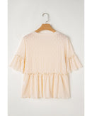 Beige Solid Color Textured Ruffled Short Sleeve Blouse - XL