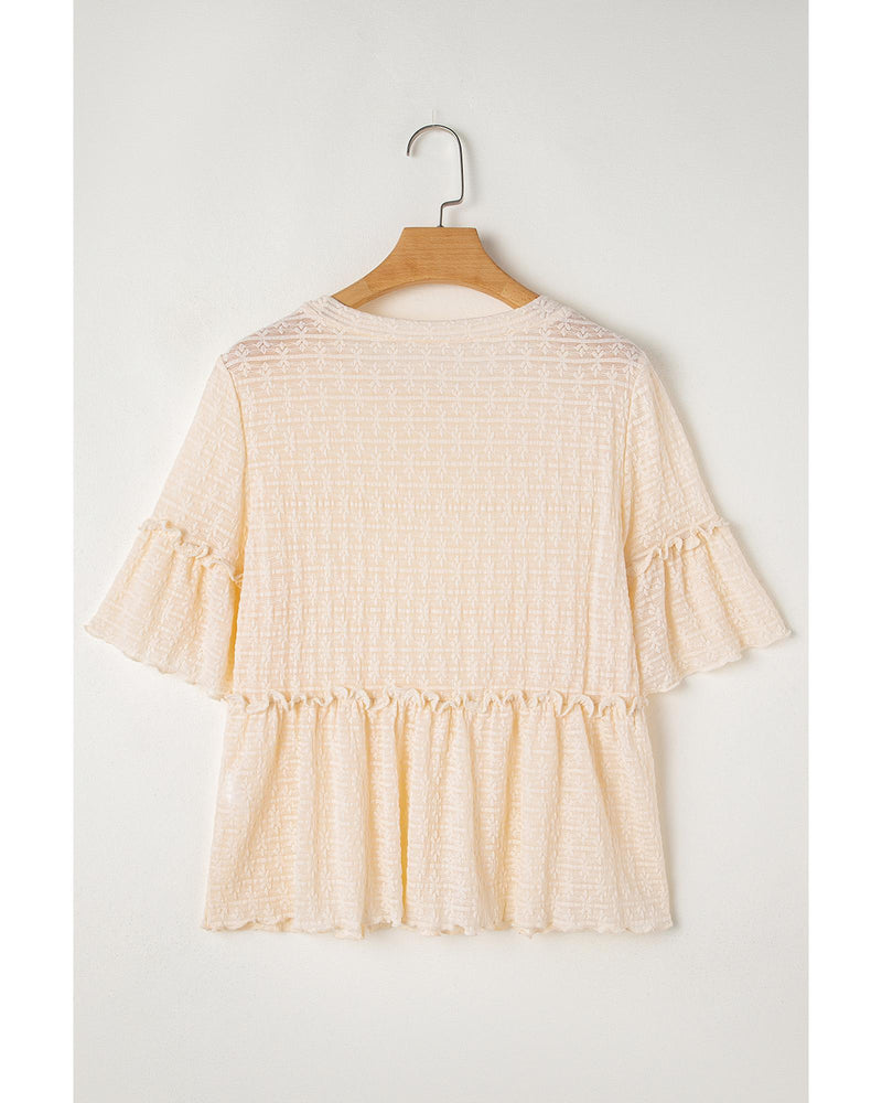 Beige Solid Color Textured Ruffled Short Sleeve Blouse - XL