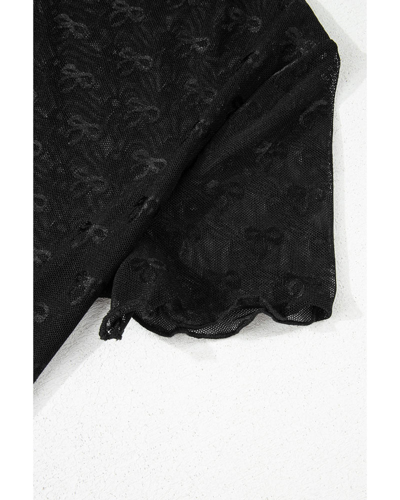 Black Bowknot Sheer Mesh Mock Neck Lettuce Trim Short Sleeve Top - L