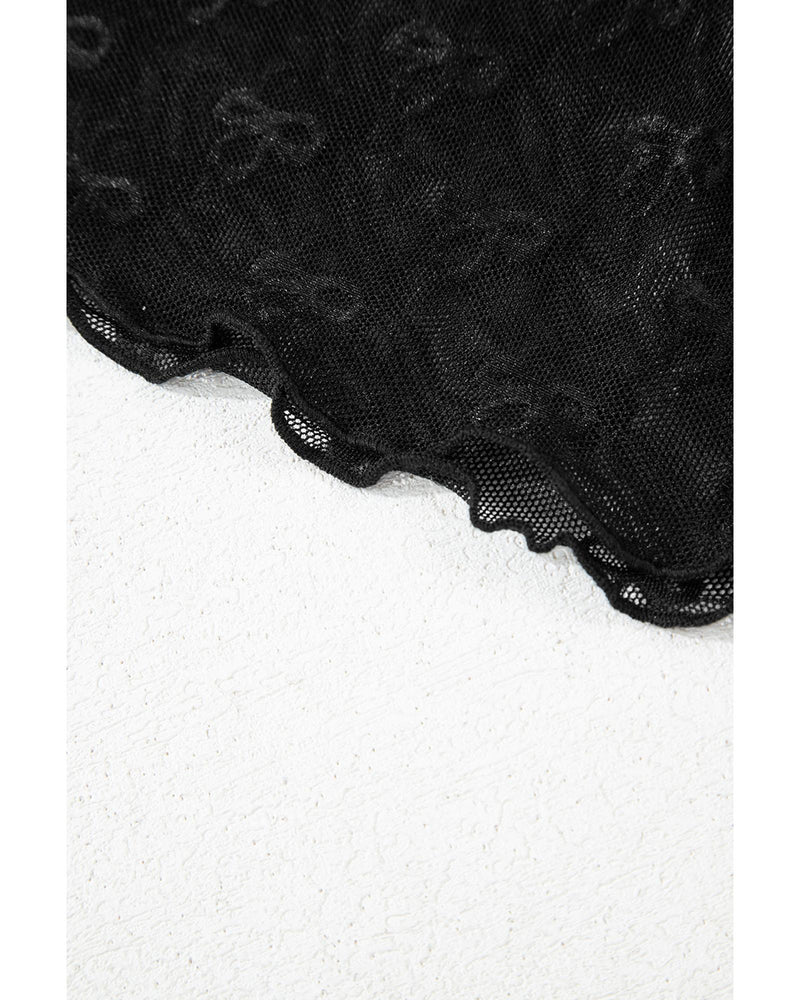 Black Bowknot Sheer Mesh Mock Neck Lettuce Trim Short Sleeve Top - L