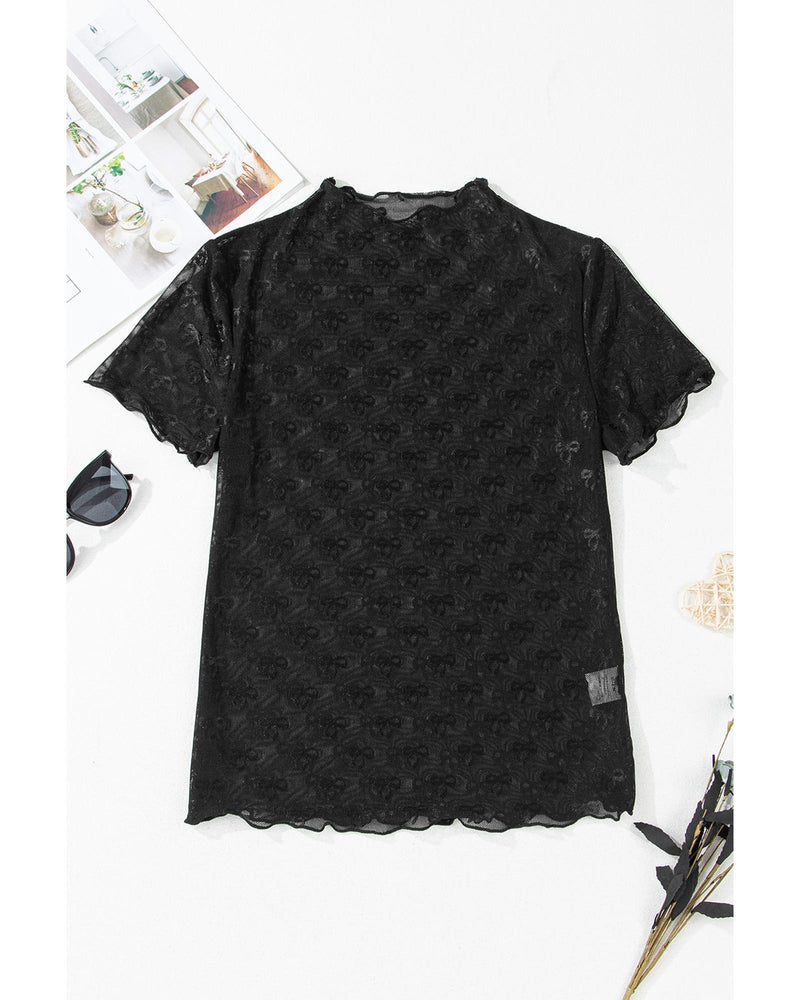 Black Bowknot Sheer Mesh Mock Neck Lettuce Trim Short Sleeve Top - L