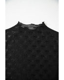 Black Bowknot Sheer Mesh Mock Neck Lettuce Trim Short Sleeve Top - M