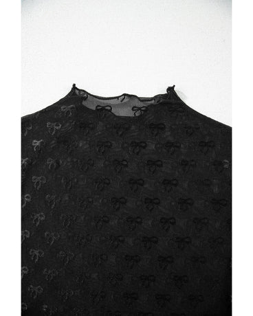 Black Bowknot Sheer Mesh Mock Neck Lettuce Trim Short Sleeve Top - M