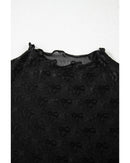 Black Bowknot Sheer Mesh Mock Neck Lettuce Trim Short Sleeve Top - M