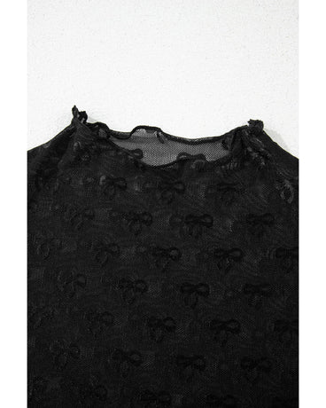 Black Bowknot Sheer Mesh Mock Neck Lettuce Trim Short Sleeve Top - M