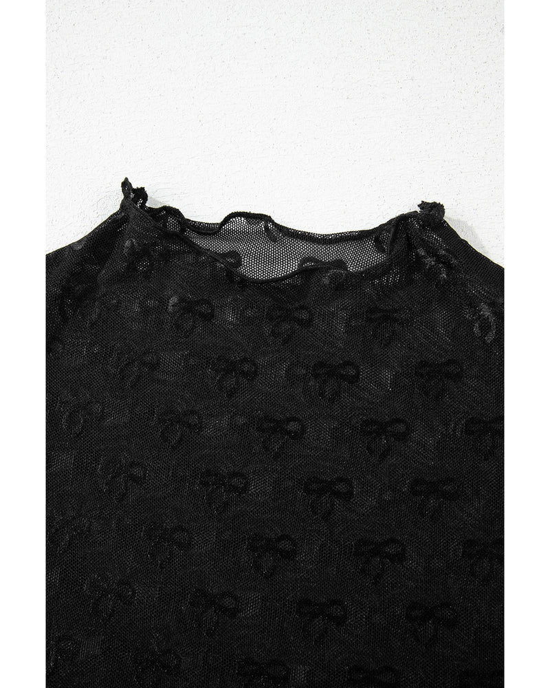 Black Bowknot Sheer Mesh Mock Neck Lettuce Trim Short Sleeve Top - M
