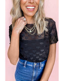 Black Bowknot Sheer Mesh Mock Neck Lettuce Trim Short Sleeve Top - M