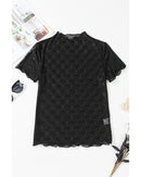 Black Bowknot Sheer Mesh Mock Neck Lettuce Trim Short Sleeve Top - M