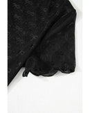 Black Bowknot Sheer Mesh Mock Neck Lettuce Trim Short Sleeve Top - S