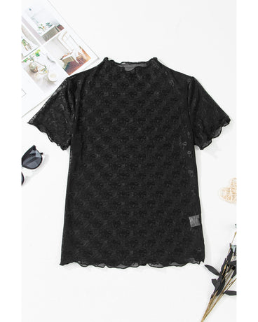 Black Bowknot Sheer Mesh Mock Neck Lettuce Trim Short Sleeve Top - S