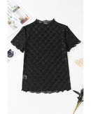 Black Bowknot Sheer Mesh Mock Neck Lettuce Trim Short Sleeve Top - S