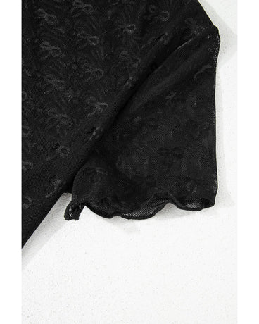 Black Bowknot Sheer Mesh Mock Neck Lettuce Trim Short Sleeve Top - XL