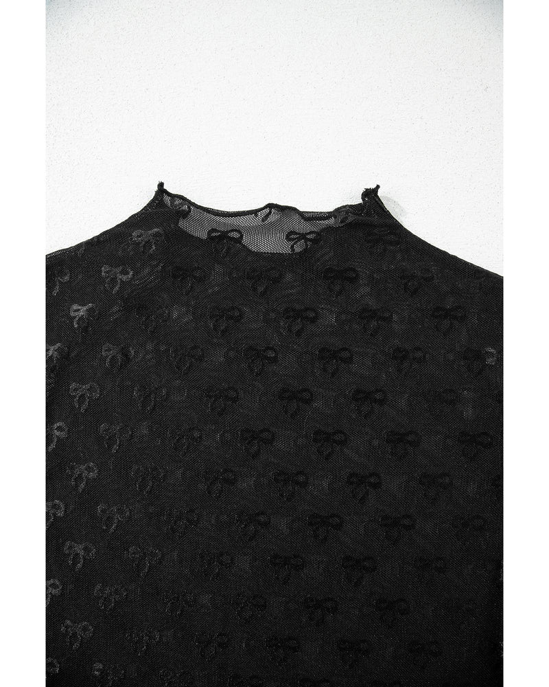 Black Bowknot Sheer Mesh Mock Neck Lettuce Trim Short Sleeve Top - XL