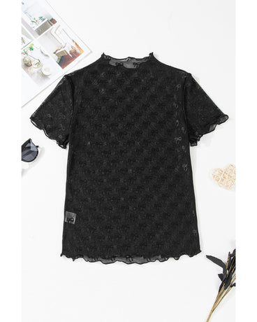 Black Bowknot Sheer Mesh Mock Neck Lettuce Trim Short Sleeve Top - XL