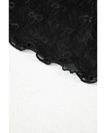 Black Bowknot Sheer Mesh Mock Neck Lettuce Trim Short Sleeve Top - XL