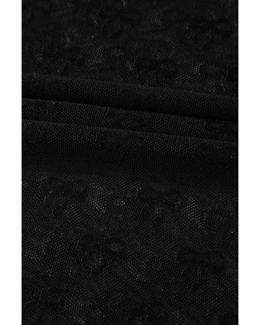 Black Bowknot Sheer Mesh Mock Neck Lettuce Trim Short Sleeve Top - XL