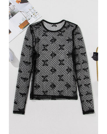 Black Bow Pattern Accent Mesh Long Sleeve Top - M