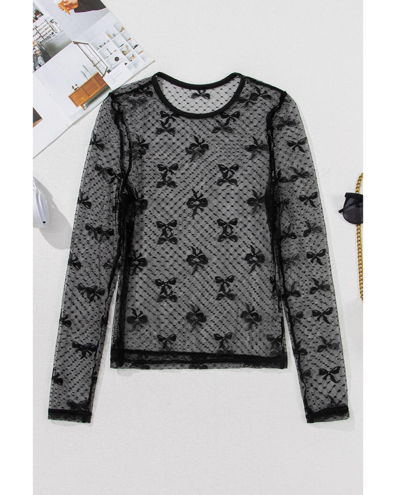 Black Bow Pattern Accent Mesh Long Sleeve Top - M
