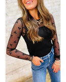 Black Bow Pattern Accent Mesh Long Sleeve Top - M