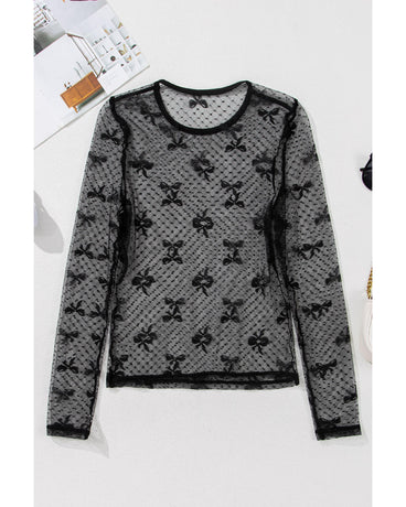 Black Bow Pattern Accent Mesh Long Sleeve Top - M
