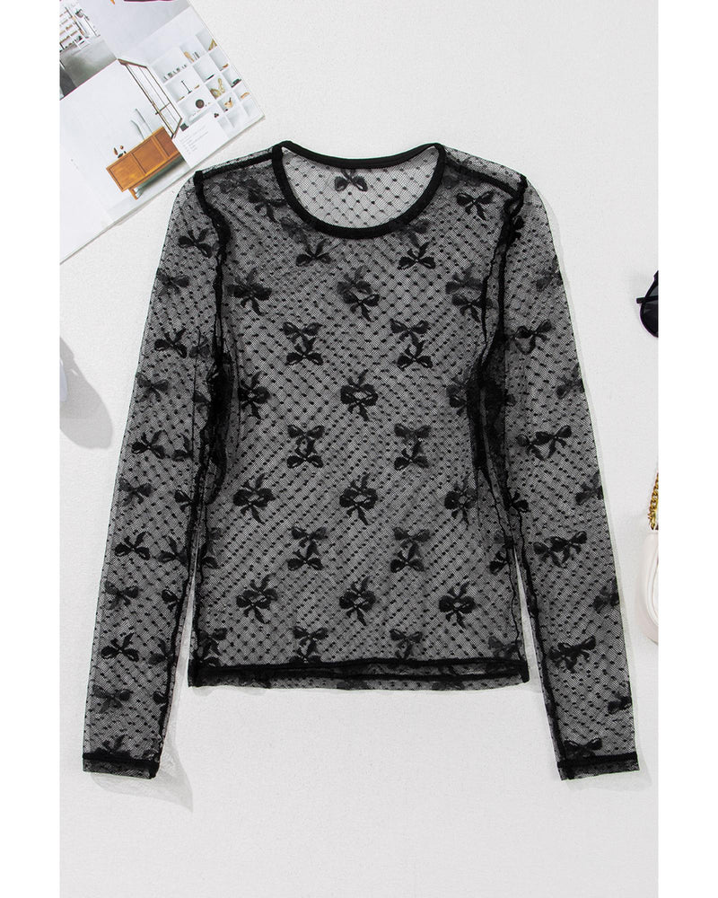 Black Bow Pattern Accent Mesh Long Sleeve Top - M