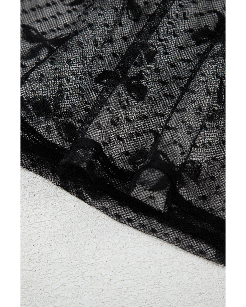 Black Bow Pattern Accent Mesh Long Sleeve Top - M