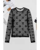 Black Bow Pattern Accent Mesh Long Sleeve Top - S