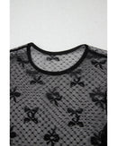 Black Bow Pattern Accent Mesh Long Sleeve Top - S