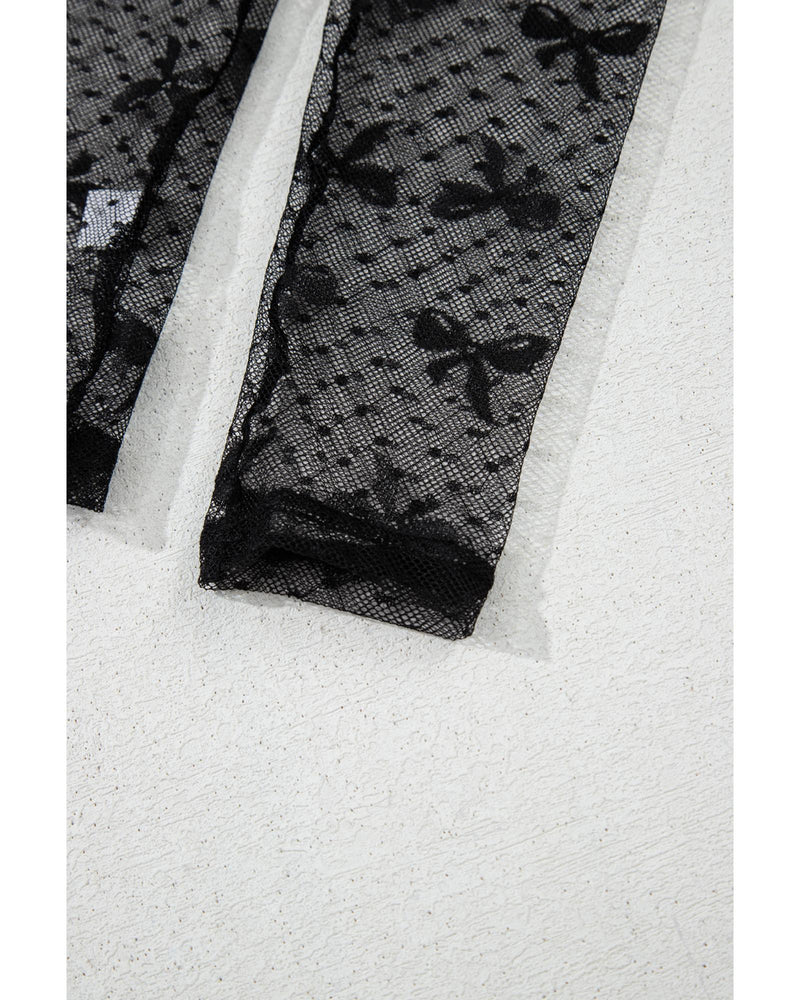 Black Bow Pattern Accent Mesh Long Sleeve Top - S