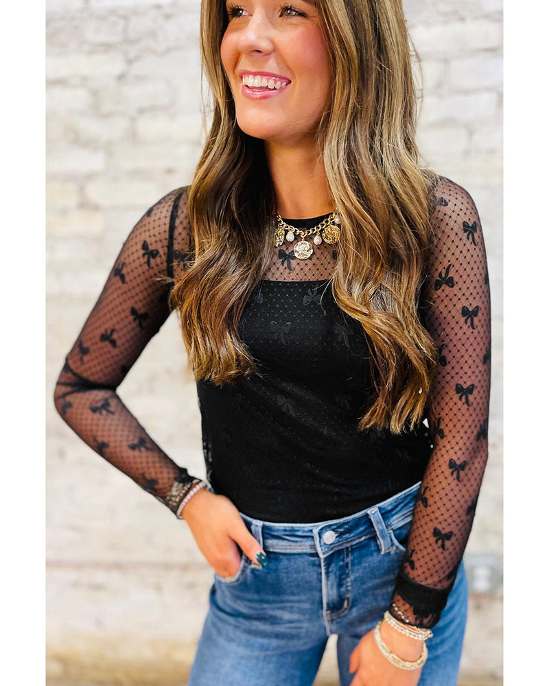 Black Bow Pattern Accent Mesh Long Sleeve Top - S