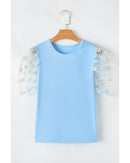 Beau Blue Floral Mesh Puff Sleeve Crew Neck Top - L