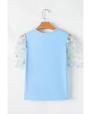 Beau Blue Floral Mesh Puff Sleeve Crew Neck Top - L